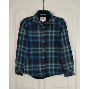 Orvis Fleece Lined Flannel Shacket Navy Plaid Snap Front Womens Small Outdoor